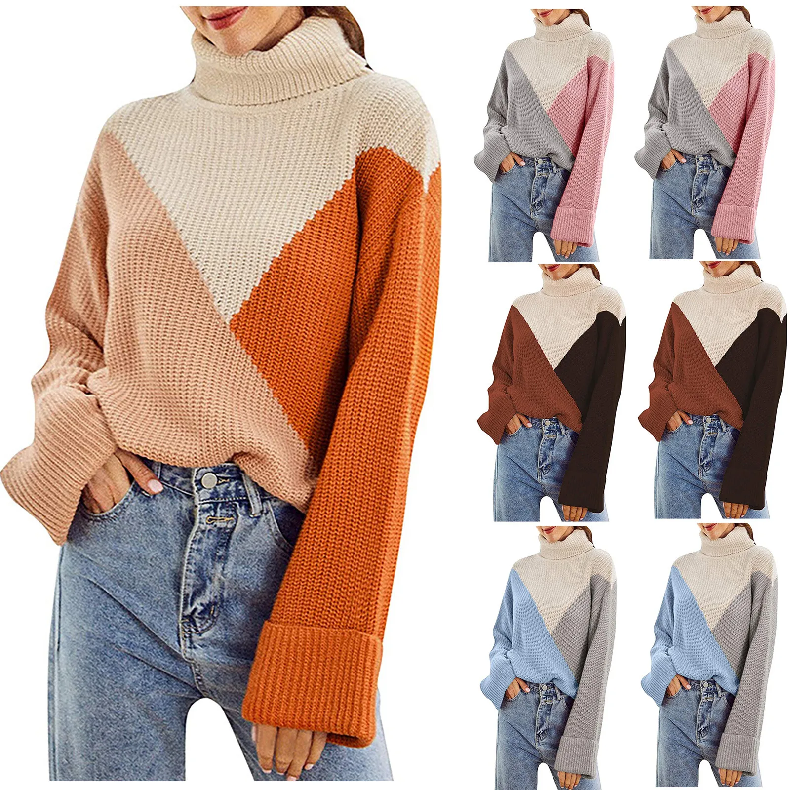 

Sweaters женские свиеѬа for Autumn Winter Women's Turtleneck Stitching Long-sleeved Knitted Sweater Tops 2020 new Drop Shipping